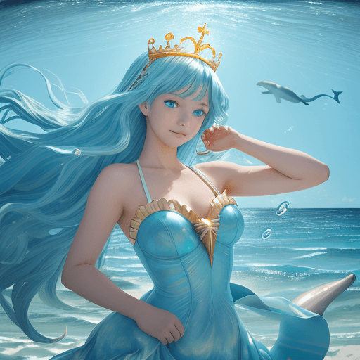 AI generated: A playful anime dancer from the sparkling ocean with a seashell crown and a dolphin hairpin at noon ...