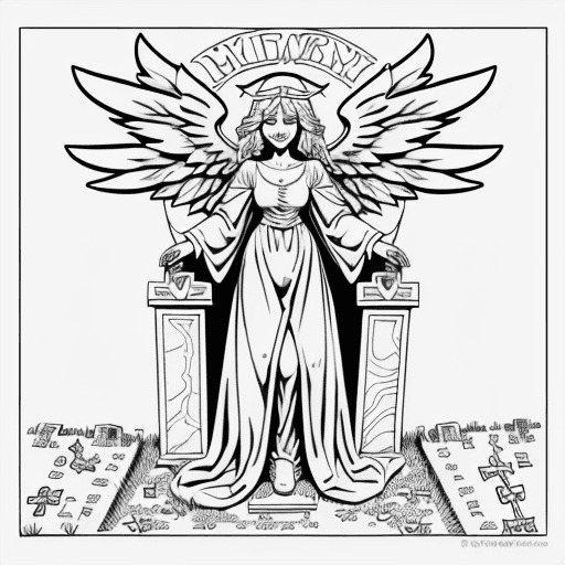 AI generated: cemetery coloring page, a crypt in the middle of the cemetery, an angel protects, smiling, with pret...