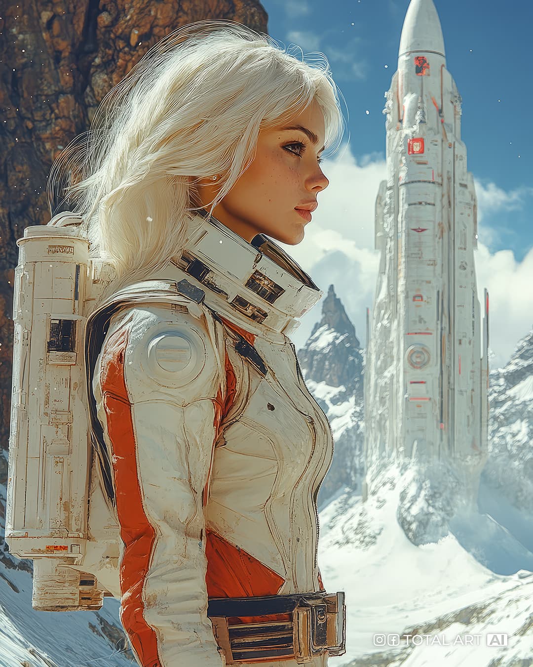 AI generated: Full body shot, white hair, beautiful 25 years old woman, good quality, cosmic ship, retro --chaos 3...