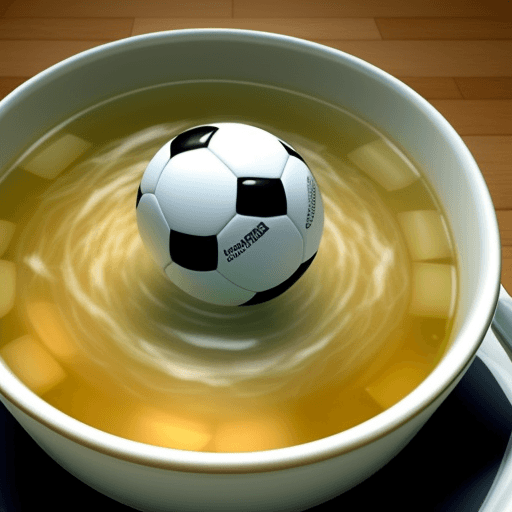 AI generated: soccer balls floating in a cup of soup