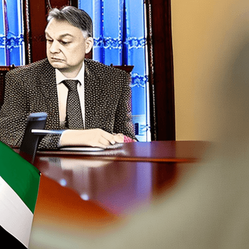 AI generated: Viktor Orban in his office, with a Hungarian flag in the background