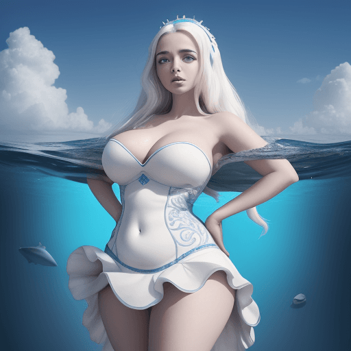 AI generated:  una escena marina surrealista donde una bella mujer de vestido azul y blanco, sostiene en sus manos...