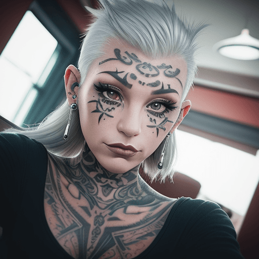 AI generated: Interior selfie of a tattooed woman with silver hair and piercings, shot on a low camera quality pho...
