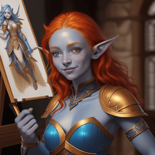 AI generated: (insanely detailed, masterpiece:1.2) , oil painting, D&D fantasy, (blue skinned female elf, blue ski...