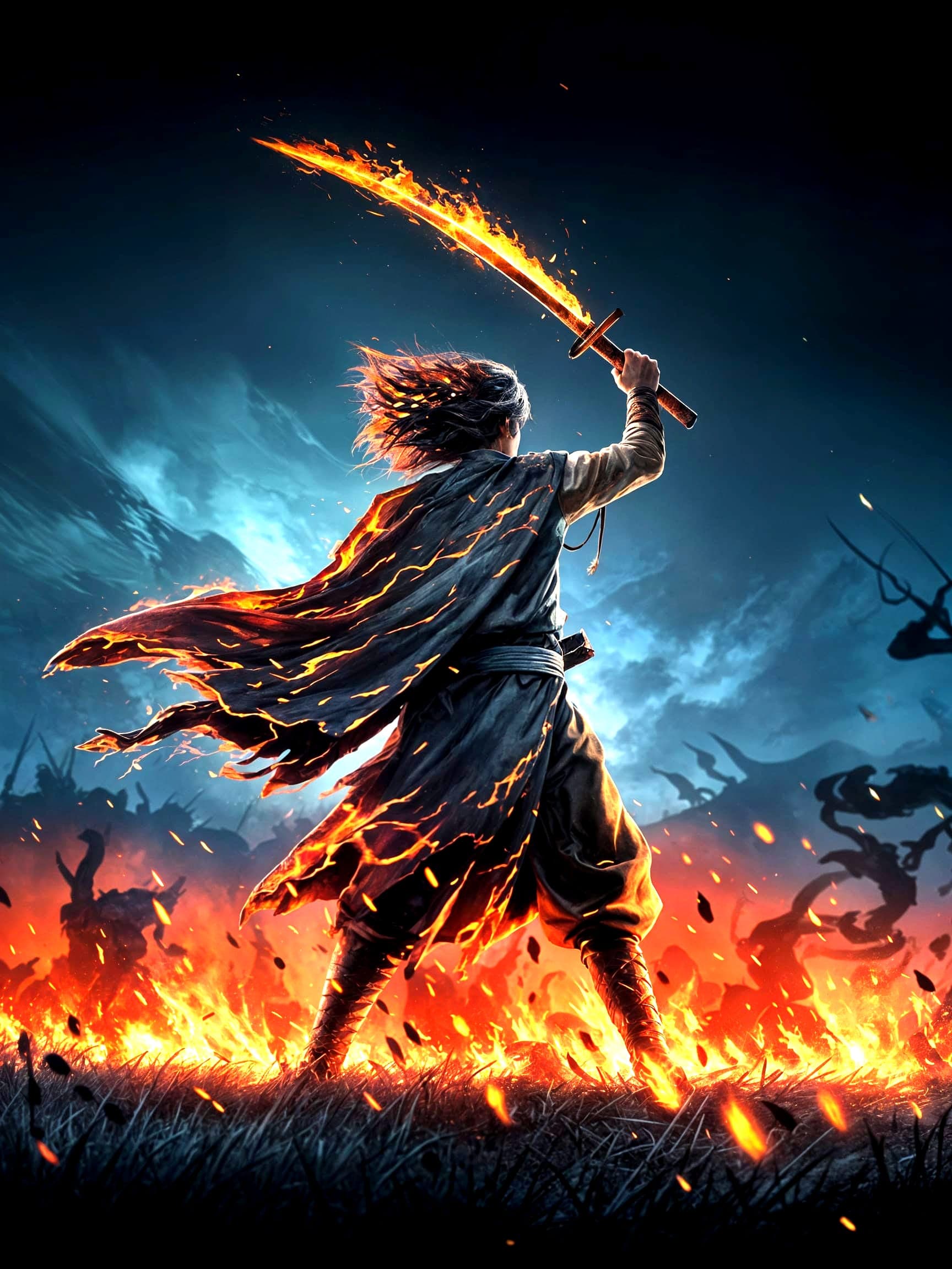 AI generated: Under a vast, moonlit sky, the Flame Hashira, Kyojuro Rengoku, stands at the edge of a wind-swept me...