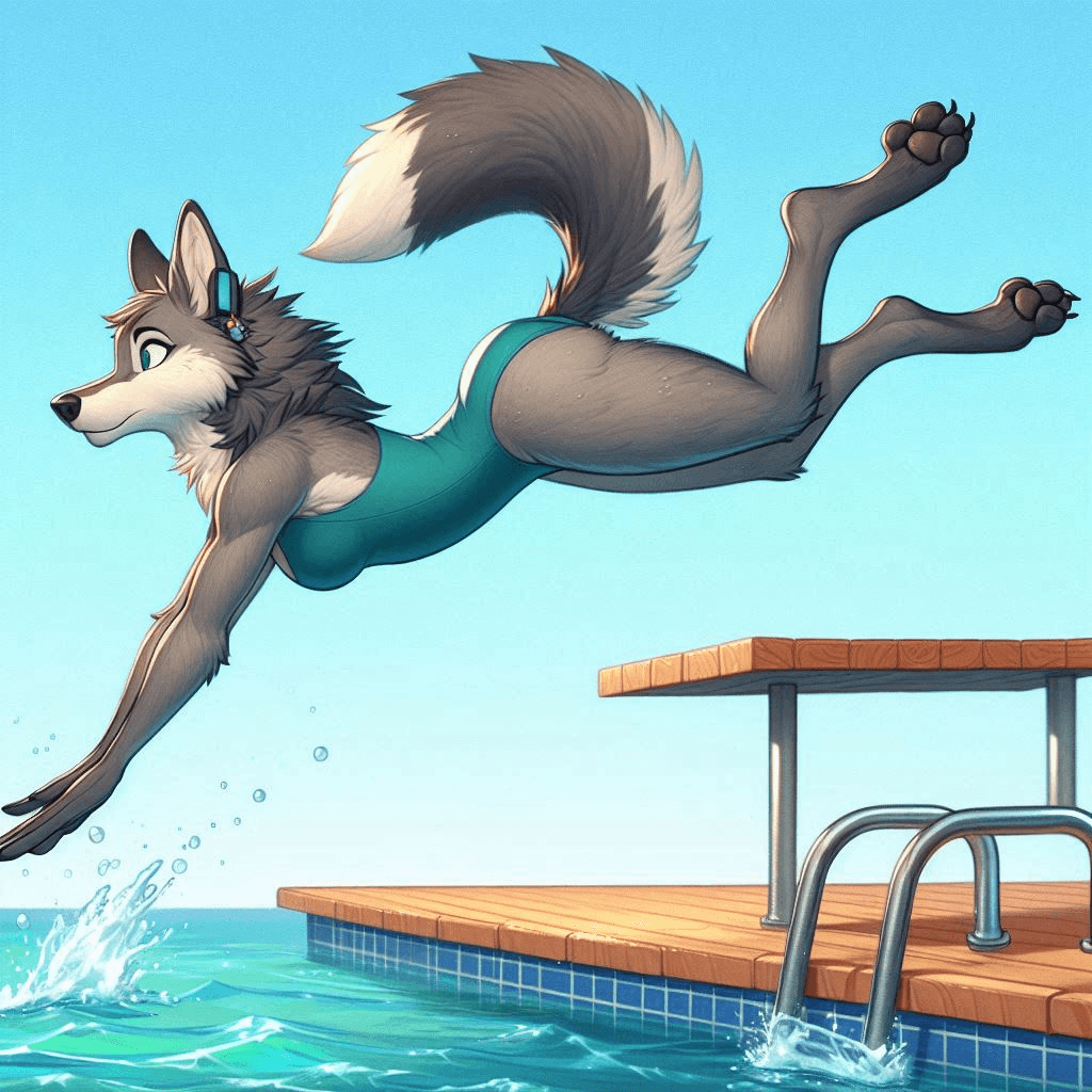 AI generated: Digital cartoon painting of an anthropomorphic wolf in a swimsuit jumping off the diving board into ...