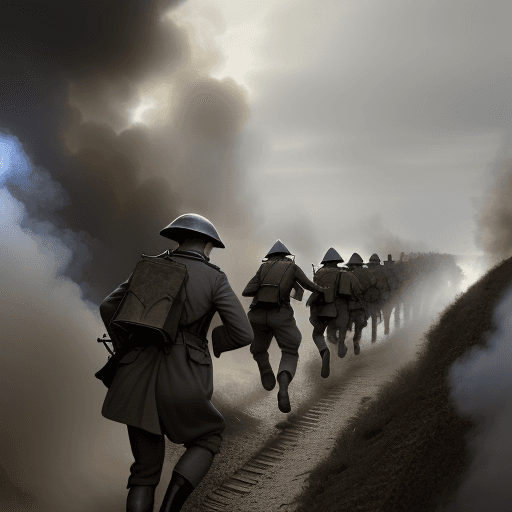 AI generated: first world war battlefield, german trench, running for munition, smoke, 