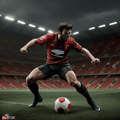 AI generated: Marvel's Wolverine playing football, dressed in a Manchester United uniform, Manchester United jerse...