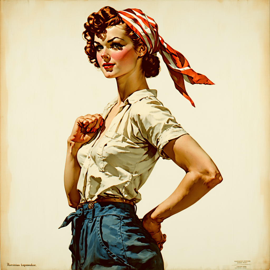 AI generated: Cover art quality illustration by ((Joseph Christian Leyendecker)), a Rosie the Riveter, 3/4 shot, f...