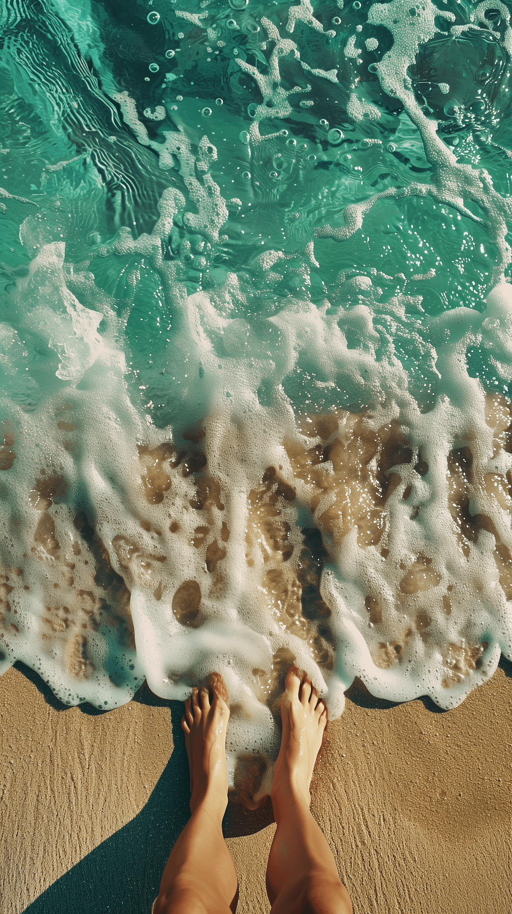 AI generated: photography, woman stands on a sandy beach, looking down at their bare feet partially submerged by t...