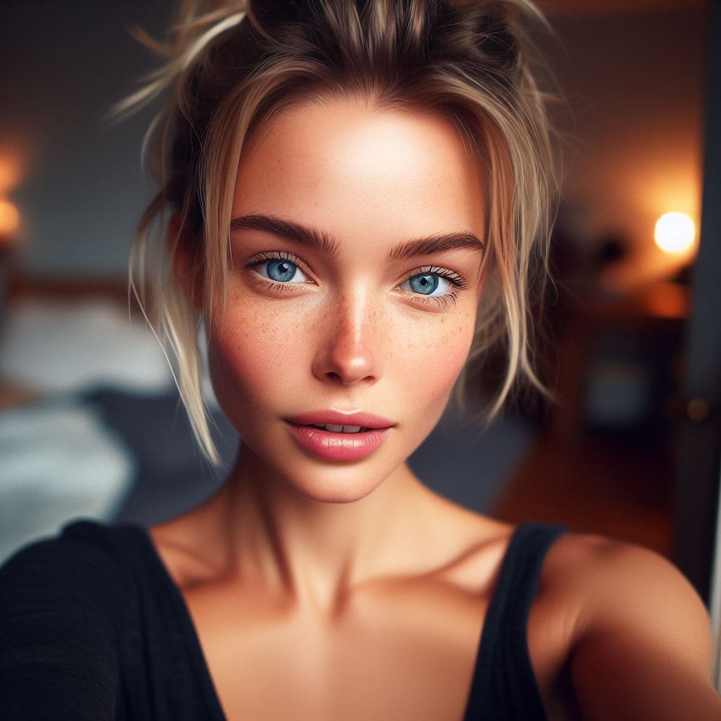 AI generated: hyper realistic waist up selfie portrait of a beautiful swedish woman with short blond messy braided...