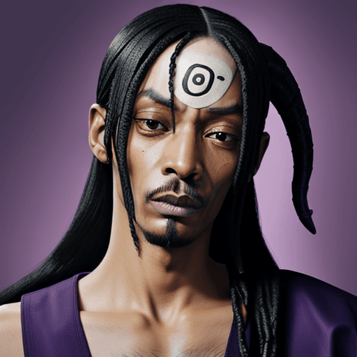 AI generated: orochimaru from naruto with the face of snoop dogg. purple background