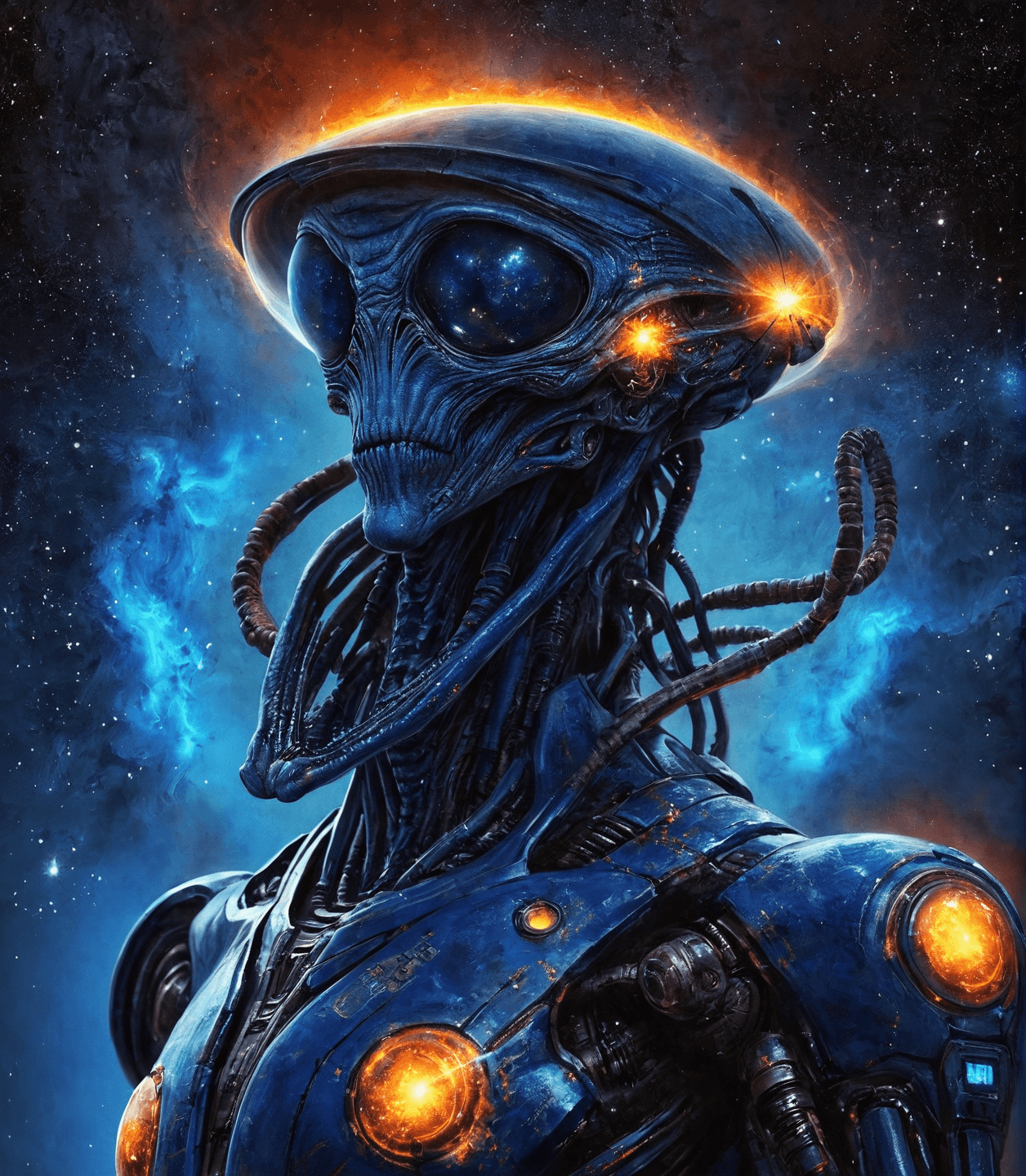 AI generated: alien in front with glowing orange runes on it;universe with some sci fi planets and a hot big blue ...