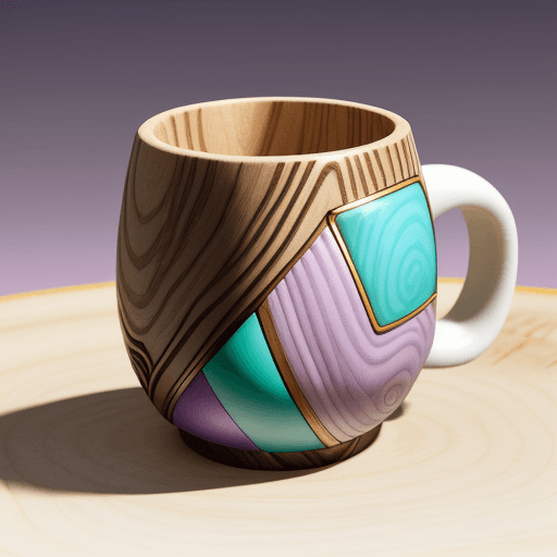 AI generated: Netsuke wooden mug of the planet Velothia with shades of bed colors: light purple, light turquoise, ...