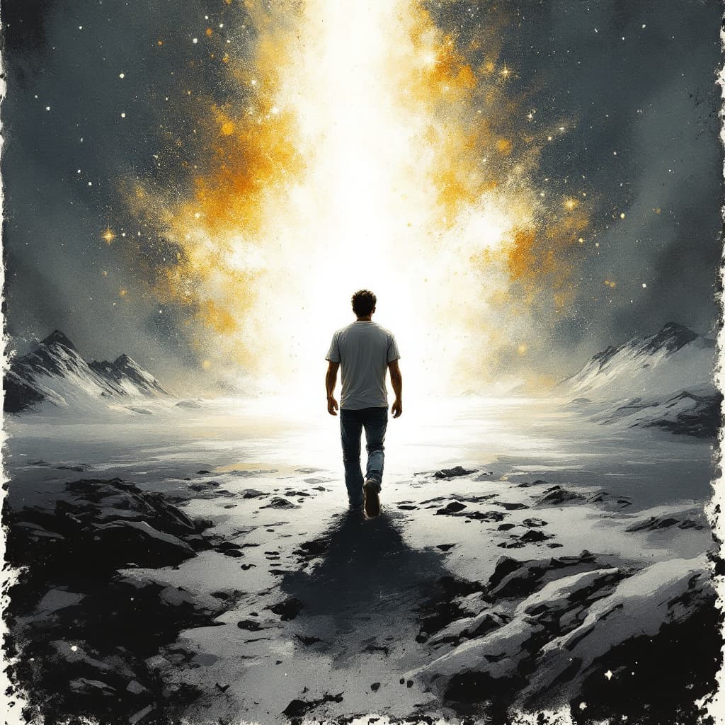 AI generated: Artistic illustration of a cold, desolate winter night, December’s bite in the air, a lone figure (m...