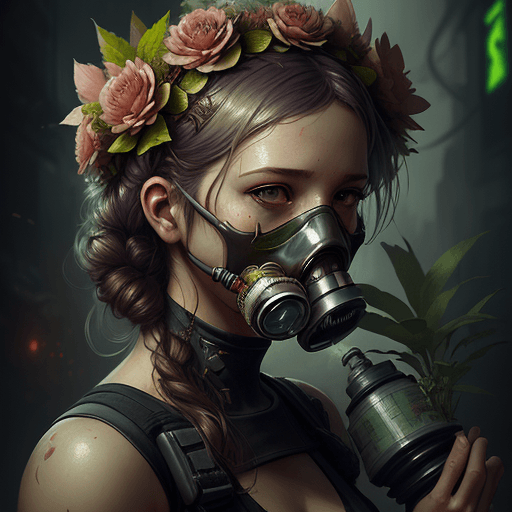 AI generated: a woman with a flower crown on her head and a gas mask on her face, with a plant growing out of her ...