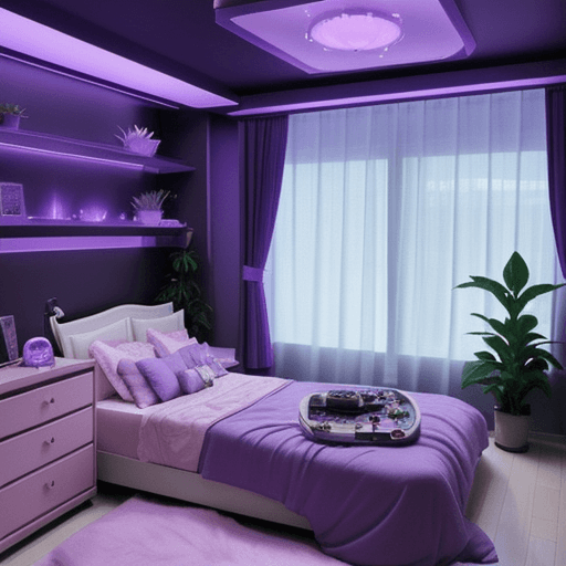 AI generated: aesthetic spaceship bedroom, anime style, night, plants, cute, purple soft lights, gamer otaku, anim...