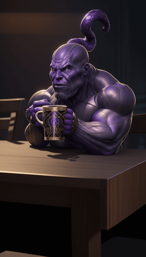 AI generated: Mug on the table with the design and character of Thanos The Mug is gold and purple dark, no waterma...