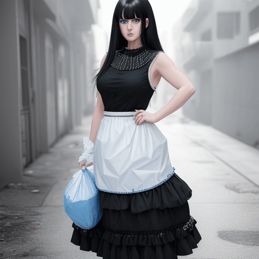 AI generated: white female with blue eyes and black hair wearing along dress with volume skirt embellished with pa...