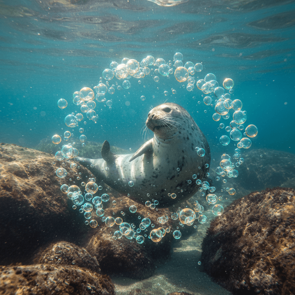 AI generated: "A seal swimming playfully near rocks — close-up, glowing bubbles surrounding the creature"