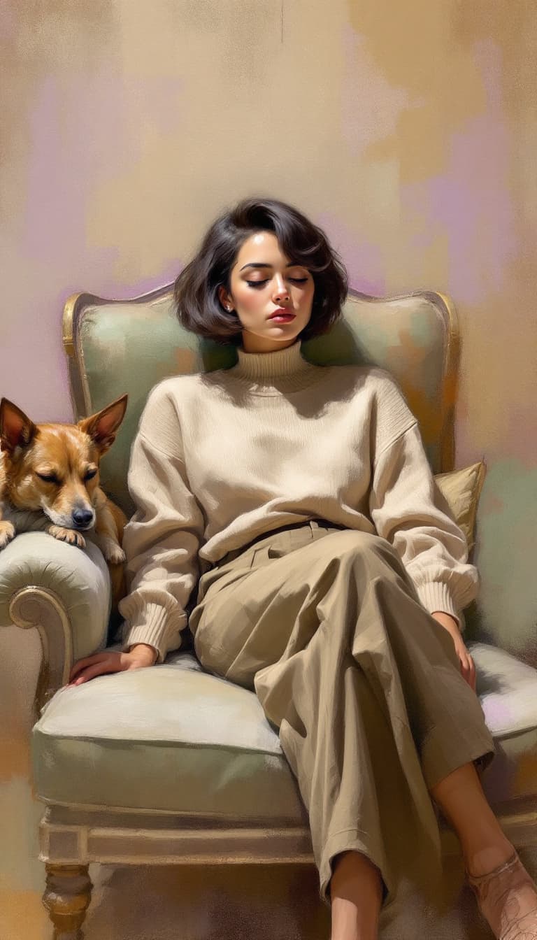 AI generated: A cinematic abstract painting of a contemplative woman with a short, asymmetrical haircut. She is we...