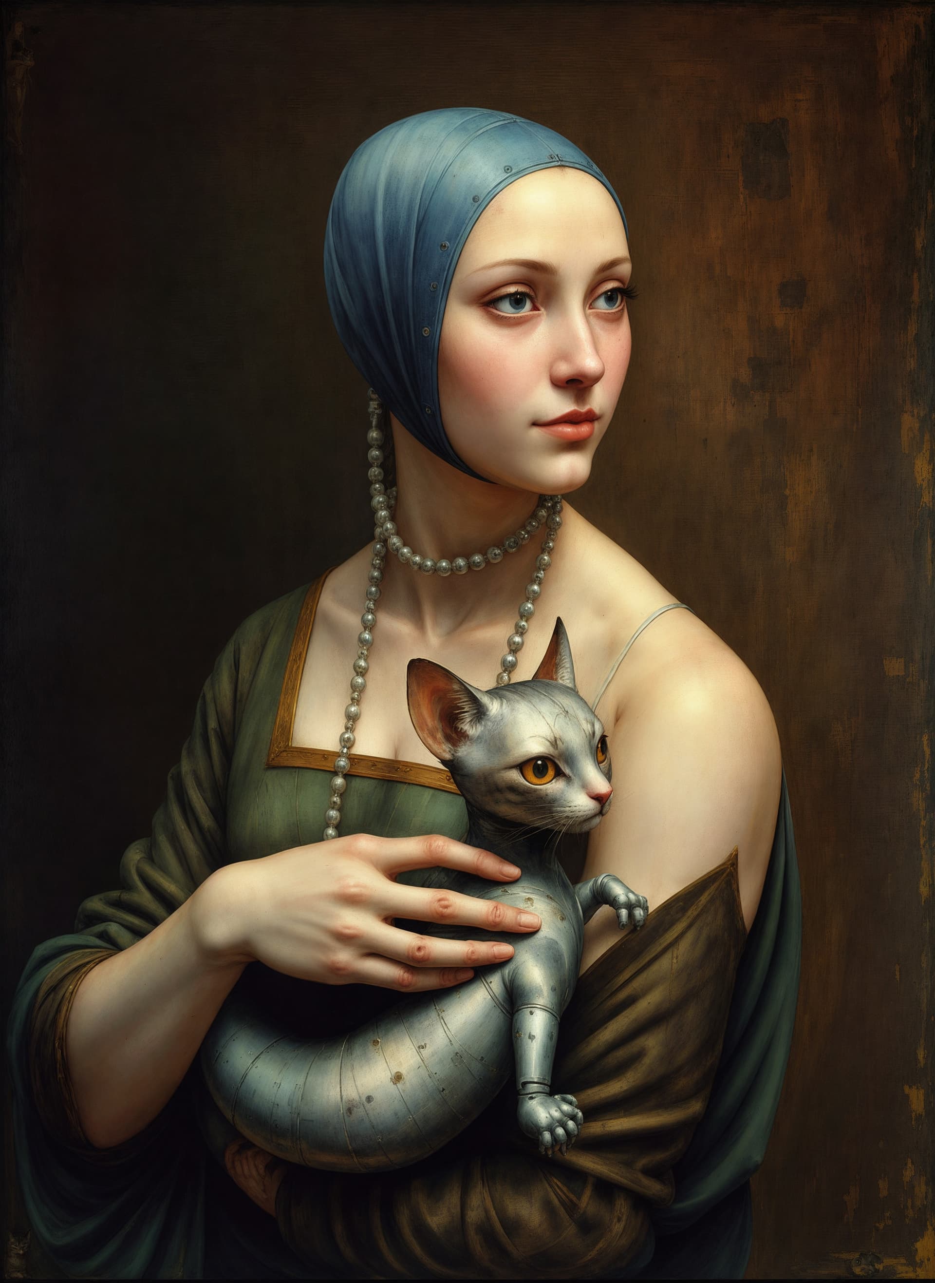 AI generated: a sexy woman carrying a cat robot, (sci-fi:1.2), robotics, (future:1.2), by Leonardo da Vinci, (oil ...