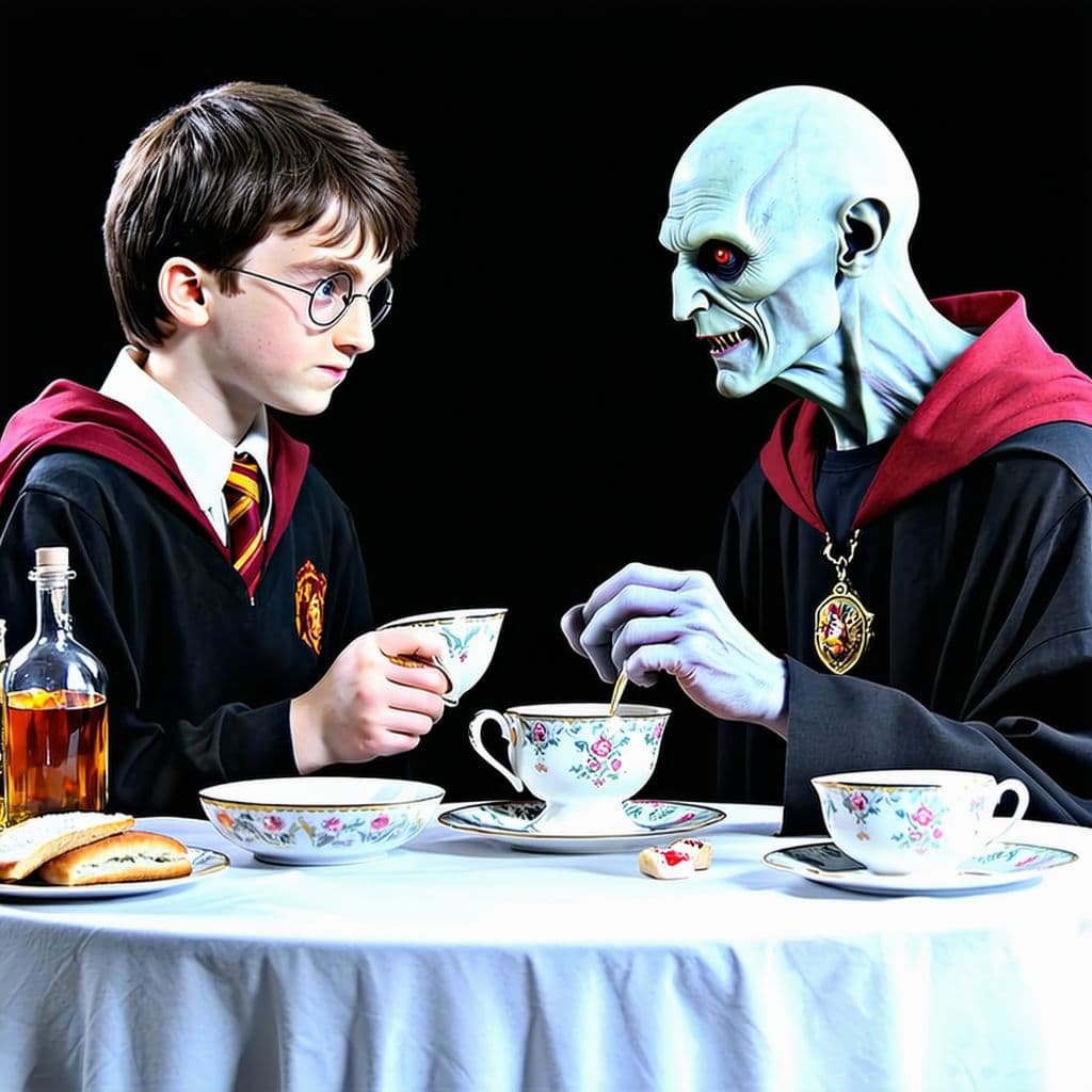 AI generated: Harry Potter and Voldemort having a tea party *Magical Moments Brewing: An Enchanted Evening Eases E...
