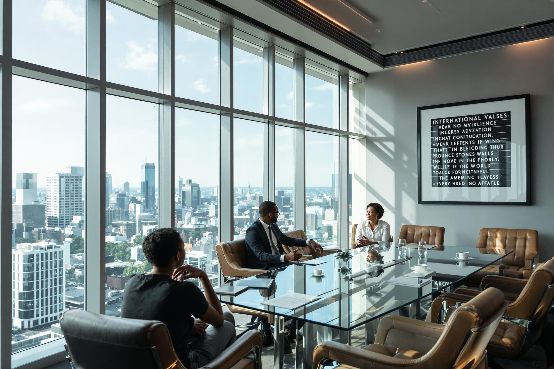 AI generated: /imagine prompt: Modern boardroom with floor-to-ceiling windows overlooking city skyline, diverse ex...