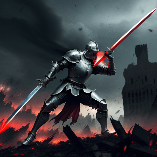 AI generated: A knight destroying an entire city with his sword while the sky was falling apart, slams his sword i...