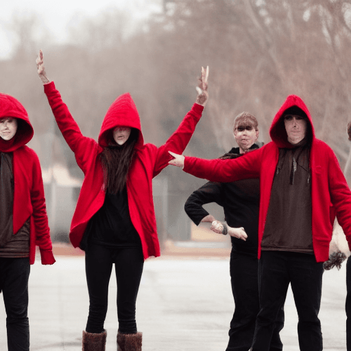 AI generated: AN ARMY OF RED HOODED VILLAINS STANDING WITH THEIR HANDS UP 
