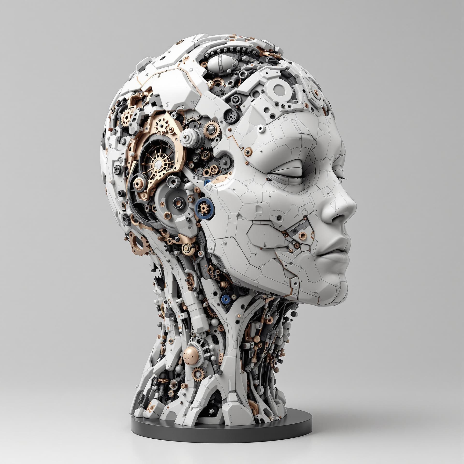 AI generated: An abstract sculpture of a head and neck in slight profile with the skin made up of intricate patter...