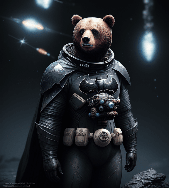 AI generated: the bear is dressed Batman and standing in an outer space suit, in the style of brushwork exploratio...