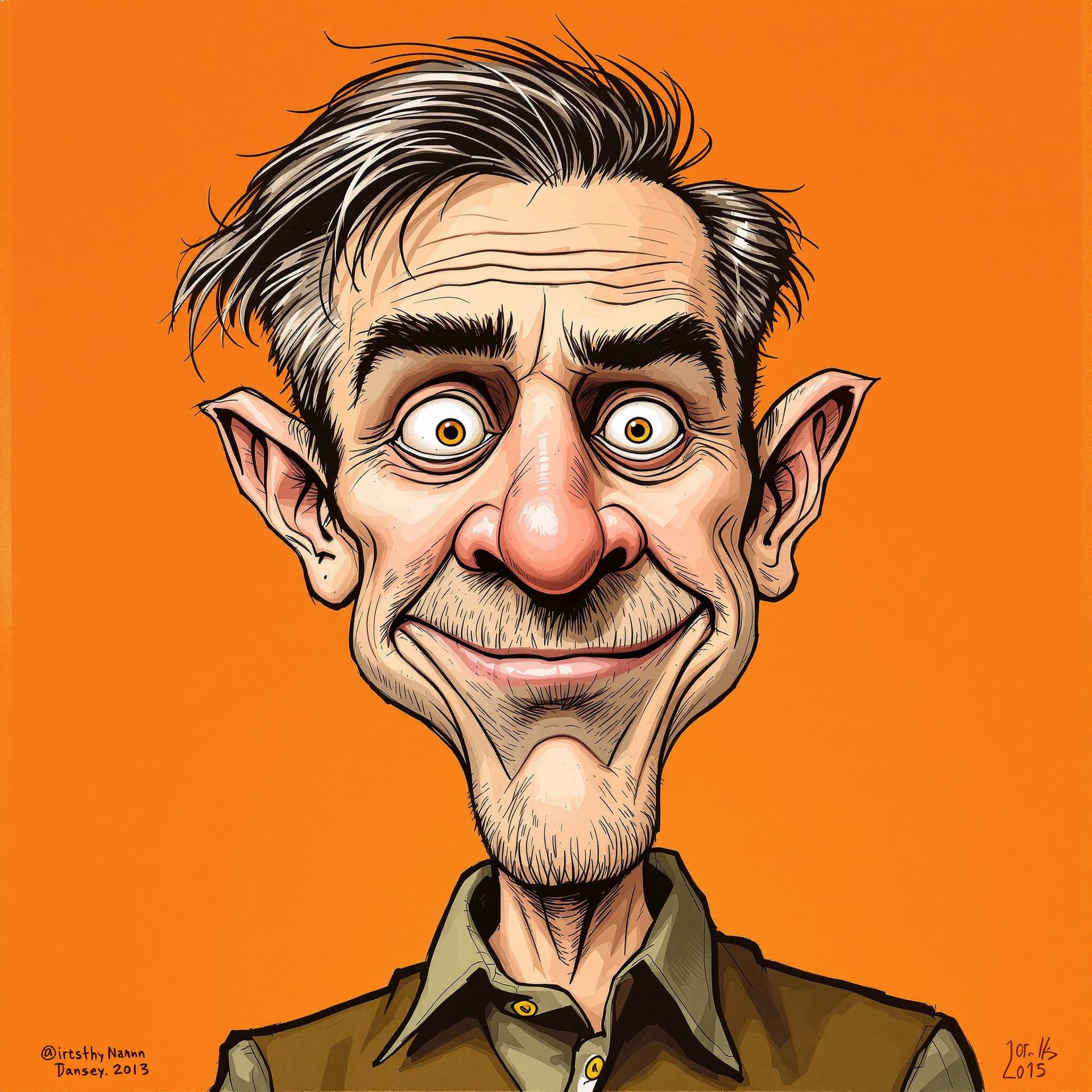 AI generated:  A caricature of a man with exaggerated features is set against a vibrant orange backdrop. The overa...