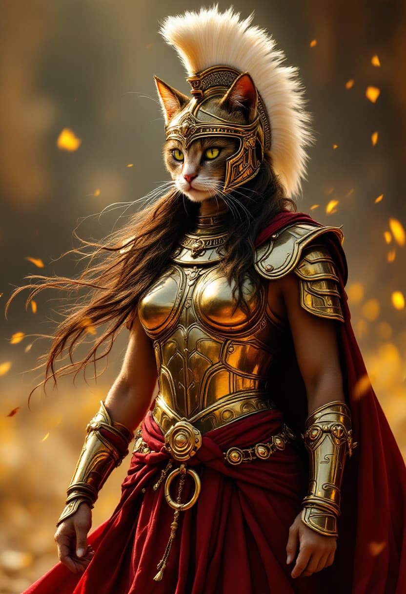 AI generated: Visualize an epic scene depicting a legendary cat warrior from ancient times, standing resolute in t...