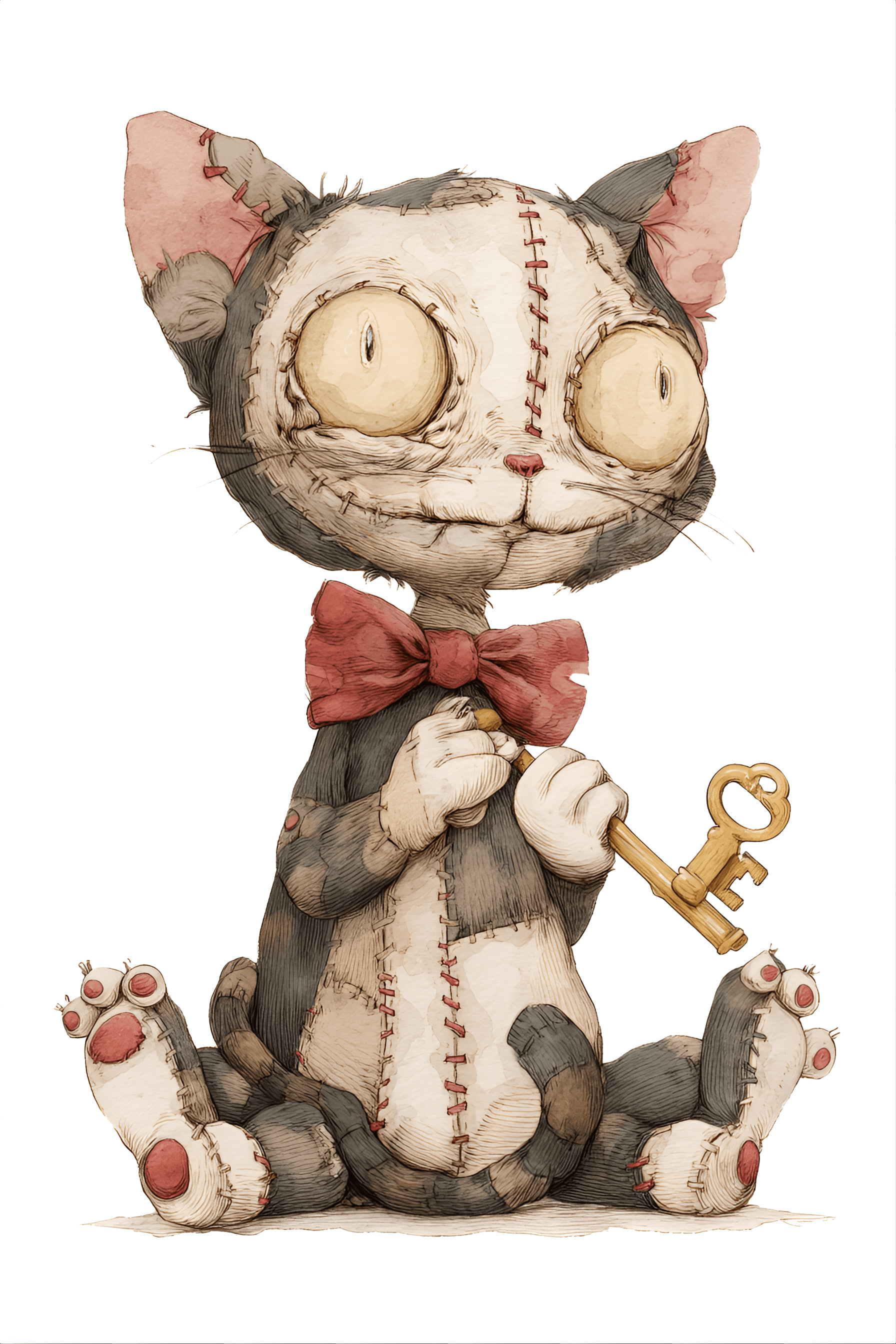AI generated: funny caricature, whimsical cat doll caricature, fictional stitched cat, ageless, patchy fur, button...