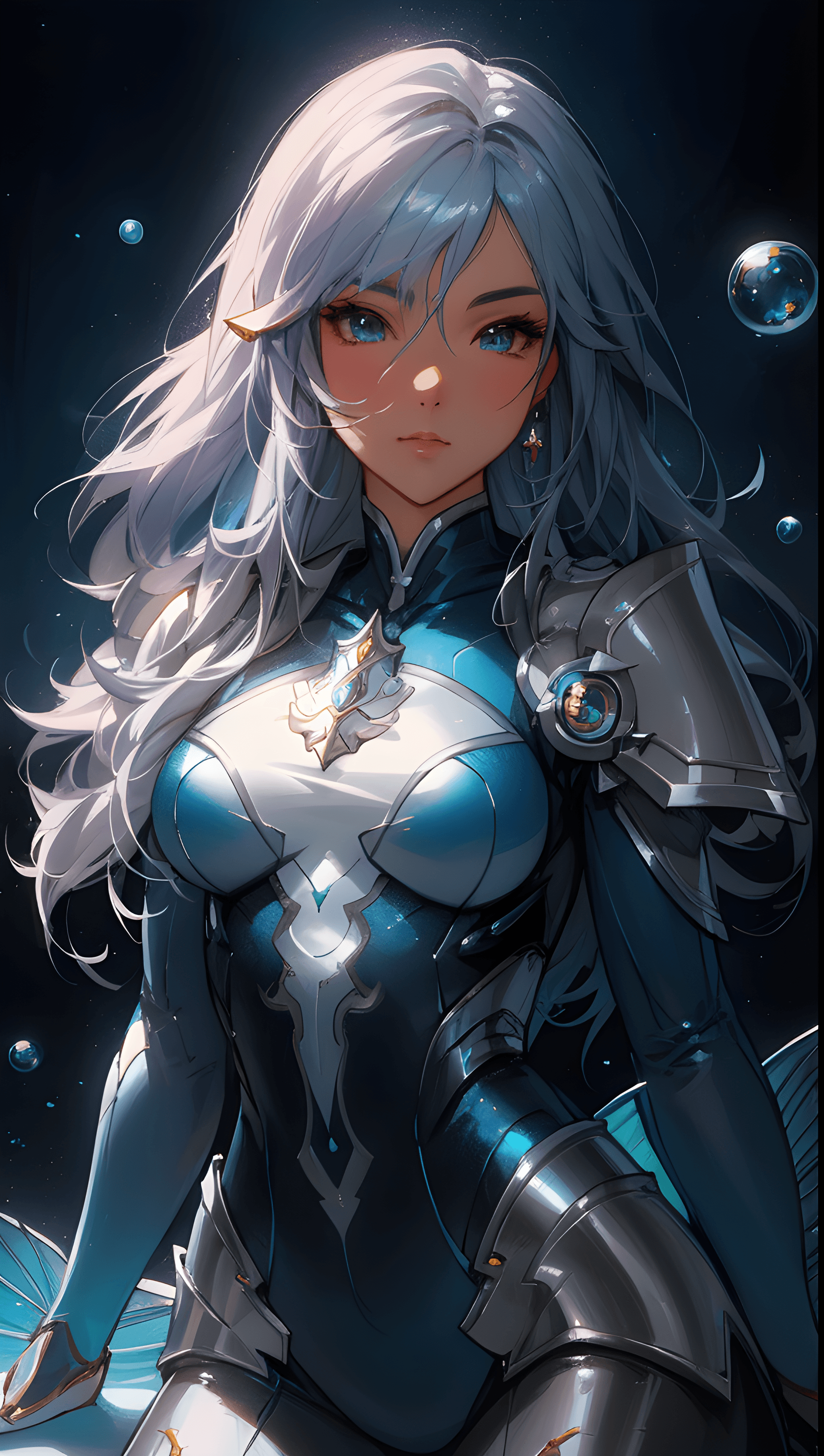 AI generated: a close up of a person in a bodysuit, by Ross Tran, fantasy art, silver and blue colors, portrait kn...