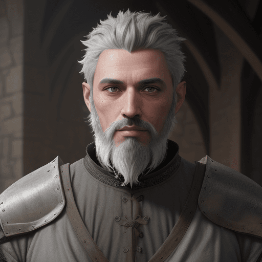 AI generated: Man with short gray hair, beard, gray goatee, haggard and virile, wearing medieval clothing.  cinema...
