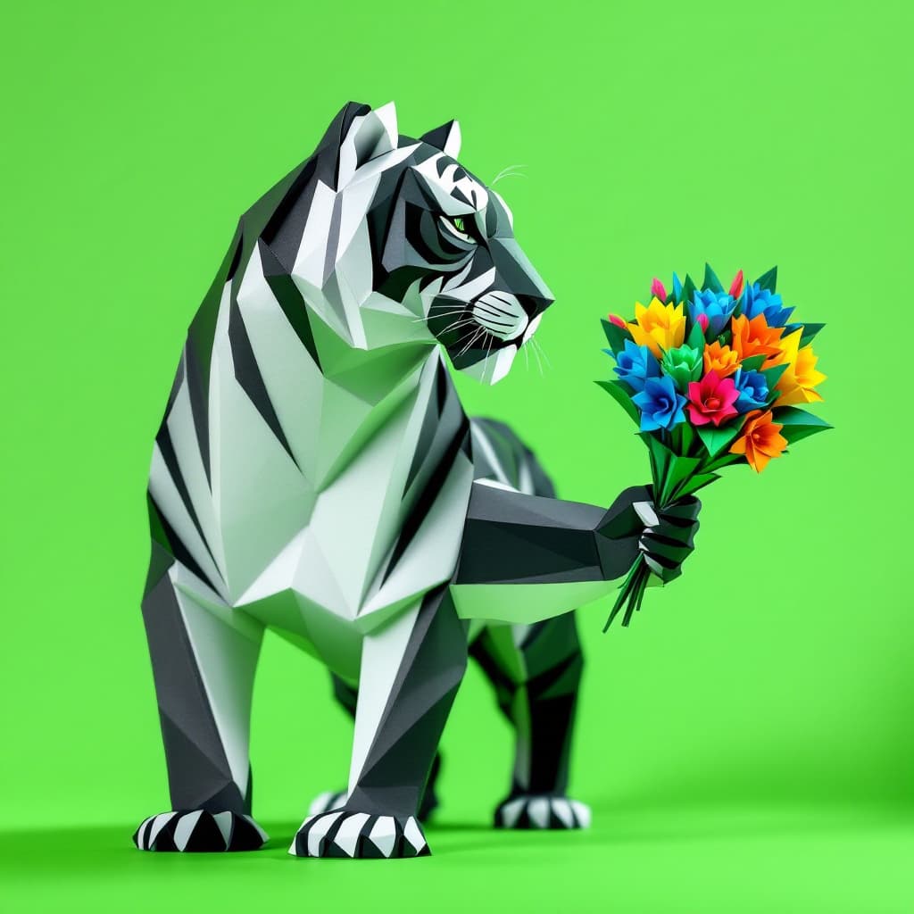 AI generated: A black and white origami-style tiger with visible paper folds, standing on a pure green background ...