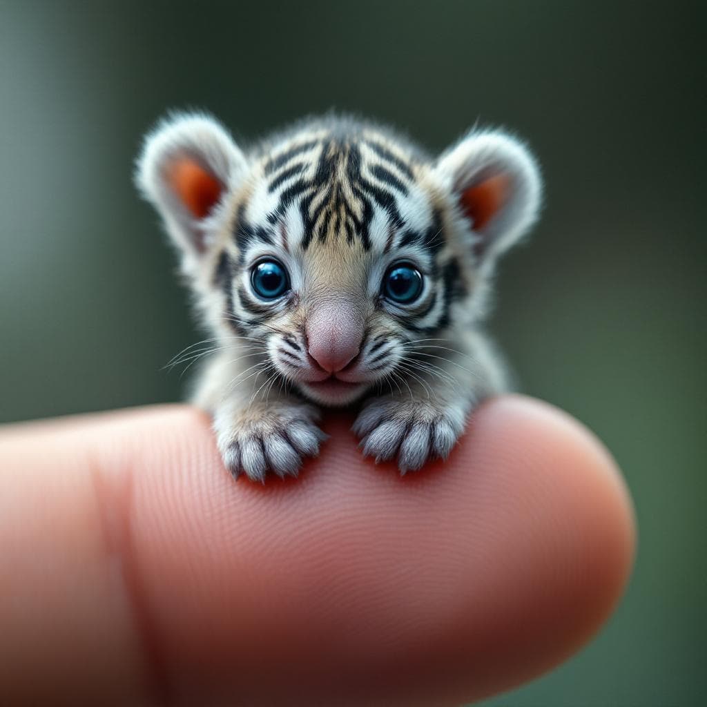 AI generated: Photorealistic macro shot of a miniature newborn elephant perched on a human thumb. The extreme clos...