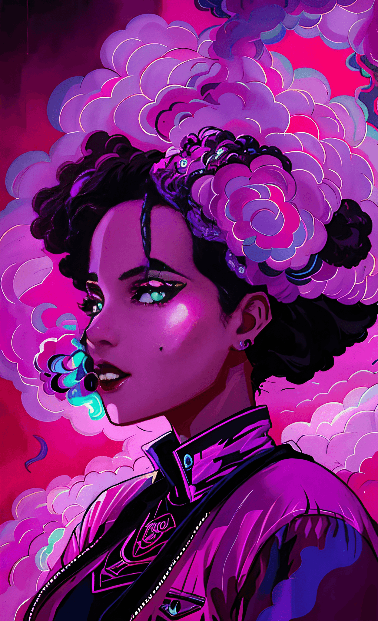 AI generated: a black woman with a afro hair and a purple jacket, jen bartel, colorful illustration, afro futurism...