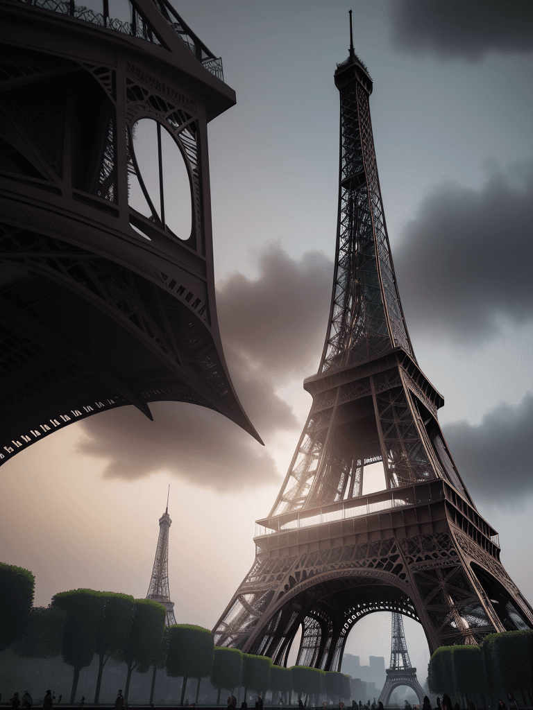 AI generated: Photo of a ultra realistic Eiffel Tower, dramatic light, cinematic lighting, battered, low angle, tr...