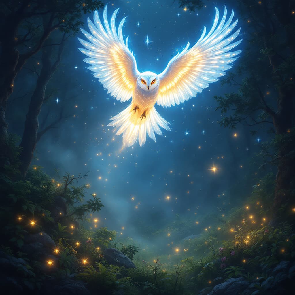AI generated: Create a mystical, enchanted forest scene at night, where a majestic celestial owl, Lyria, the Guard...