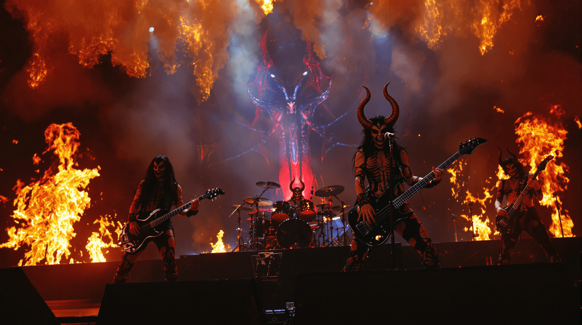 AI generated: A wide-angle concert scene, reminiscent of Beksiński's dark mysticism and Giger's biomechanical nigh...