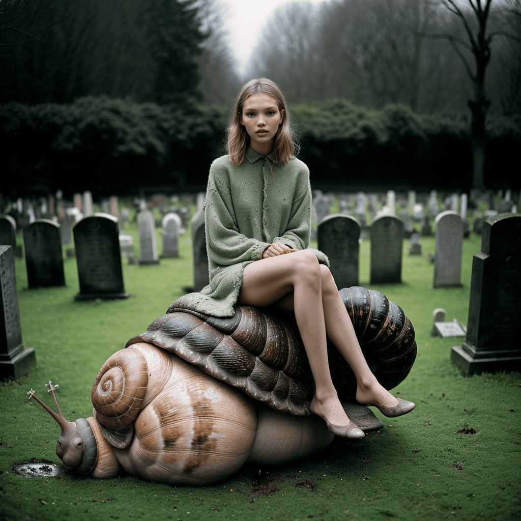 AI generated: a girl sasha luss sitting on top of giant (snail), surrounded by ancient cemetery graves and detaile...