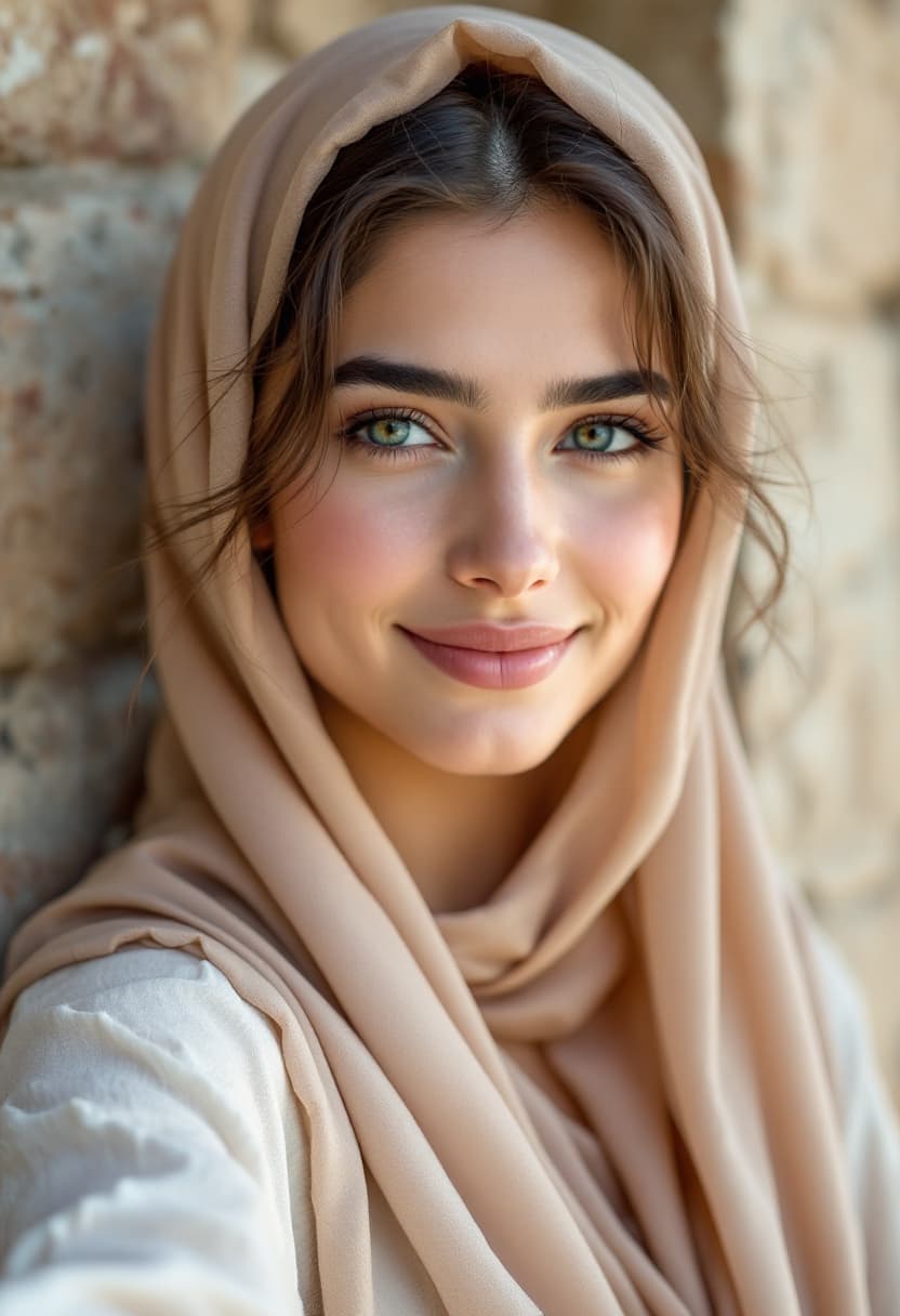 AI generated: Photograph, close-up of the face 20-year-old attractive young Muslim young women,   from iran, open ...
