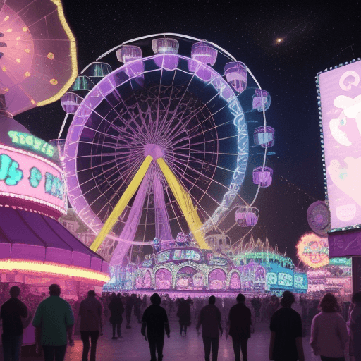 AI generated: cute cows, ambient, carnival, Ferris wheel, pastel purple, outer space, lights, stars, cyberpunk, cu...