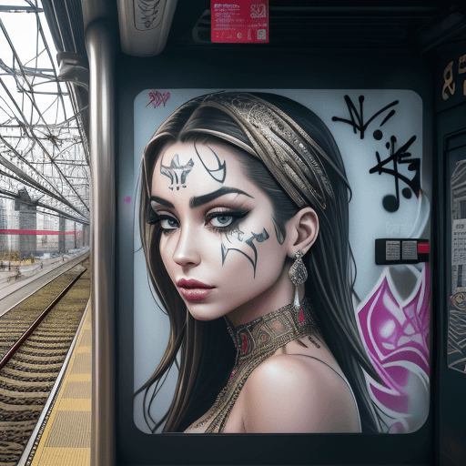AI generated: Amidst the bustling city, a serene train stop unveils a stunning glamorous woman adorning the side o...