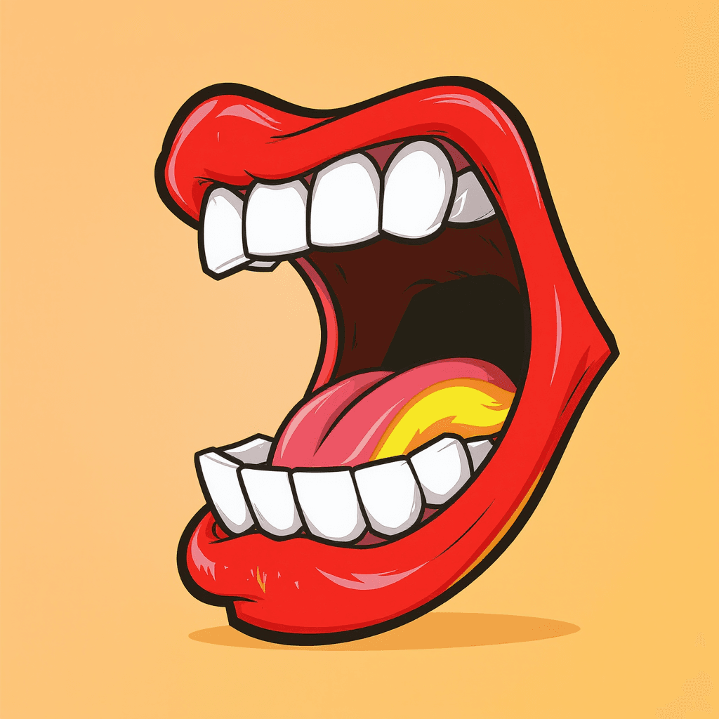 AI generated: A fun, exaggerated cartoon mouth seen from the side, wide open as if roaring or about to eat somethi...