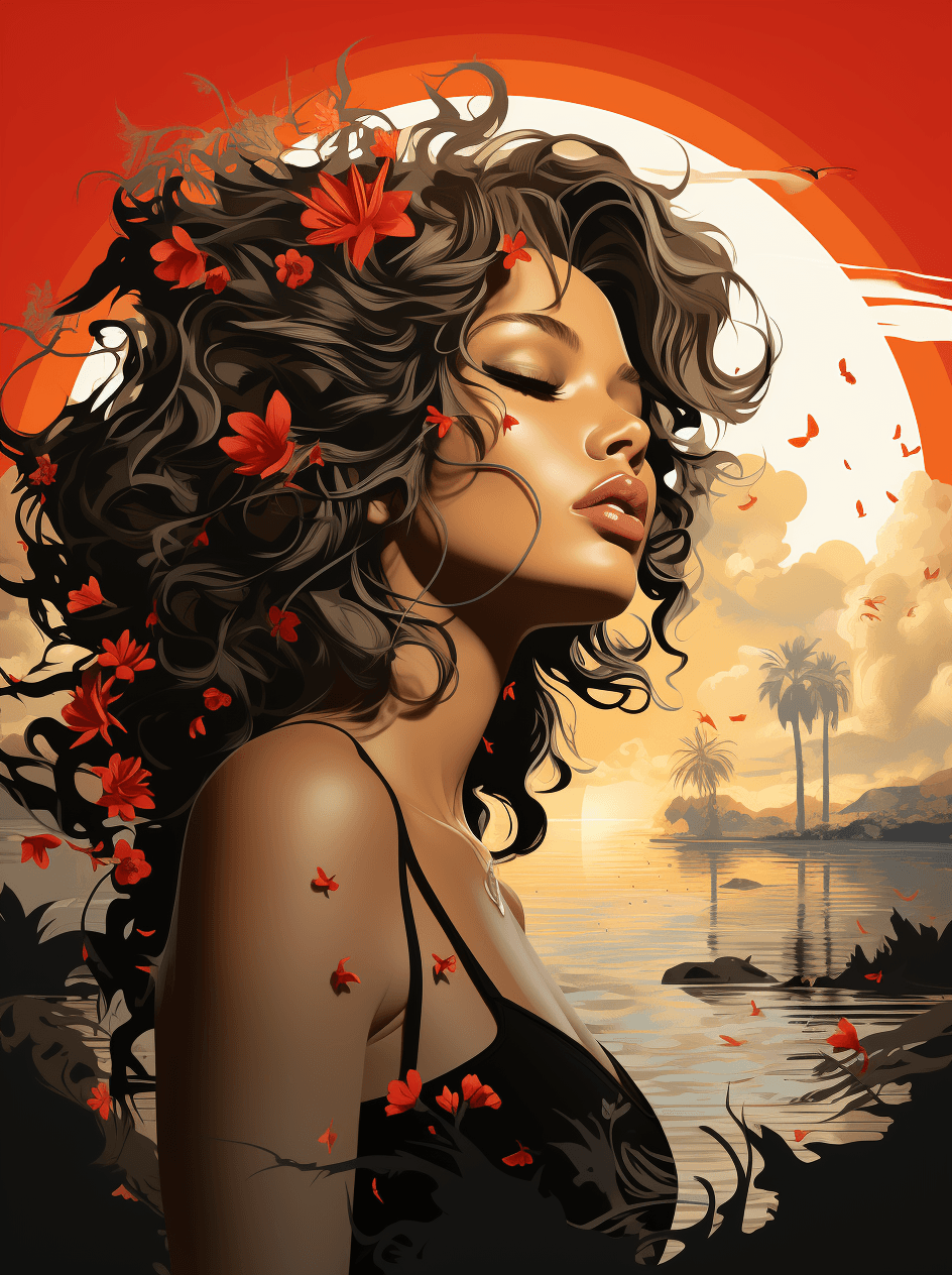 AI generated: woman in next to the ocean, in the style of light beige and red, devilcore, hikecore, bold graphics,...