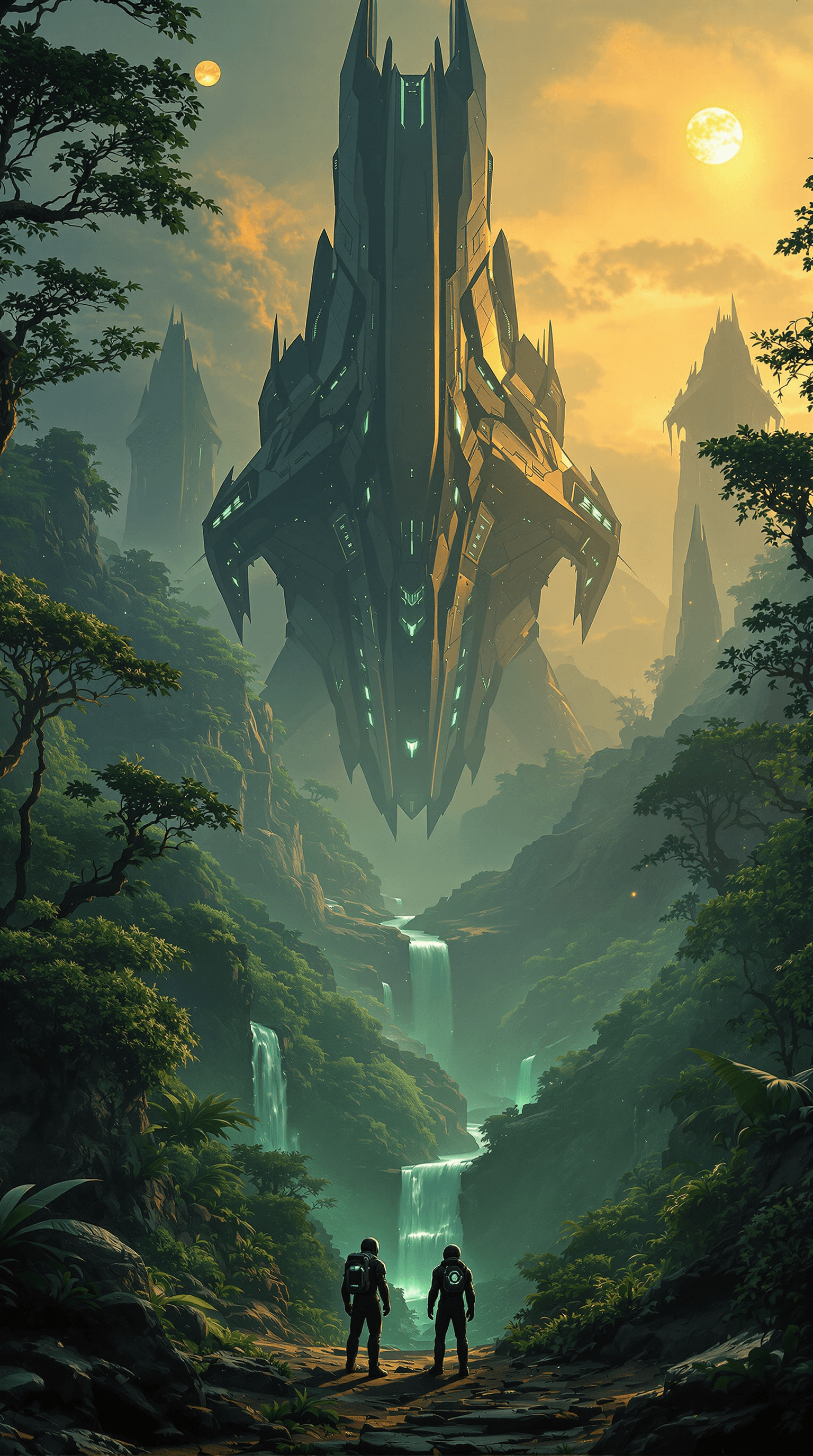 AI generated: On a vast alien planet with a lush, otherworldly jungle landscape, a massive derelict alien spacecra...